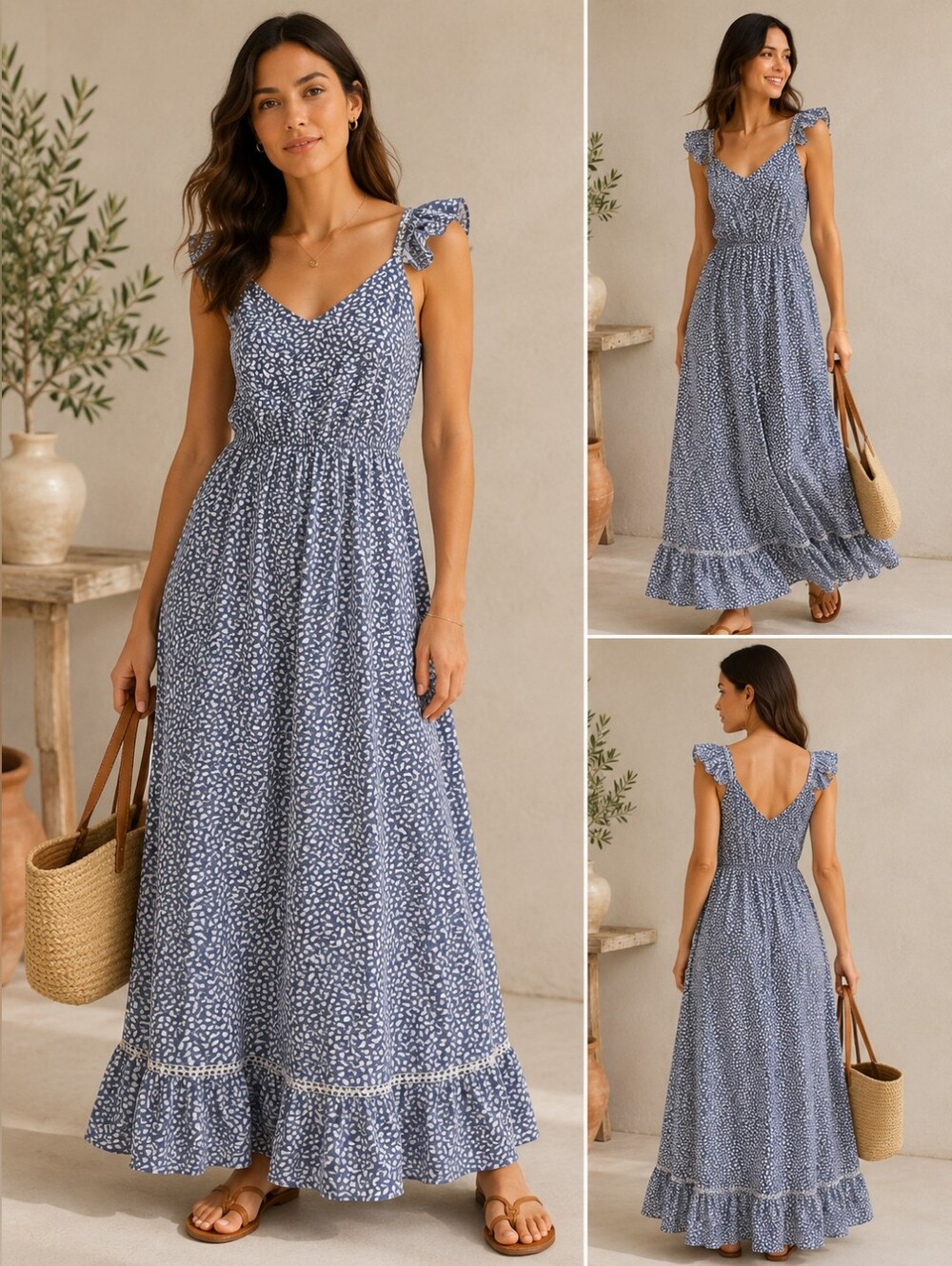 JAPNA - Blue Floral Pattern V-Neck Maxi Dress